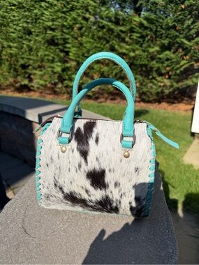 Turquoise Leather Speedy Style Cowhide Satchel Handbag